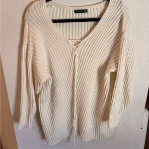 SHEIN Cream V-Neck Ribbed Sweater